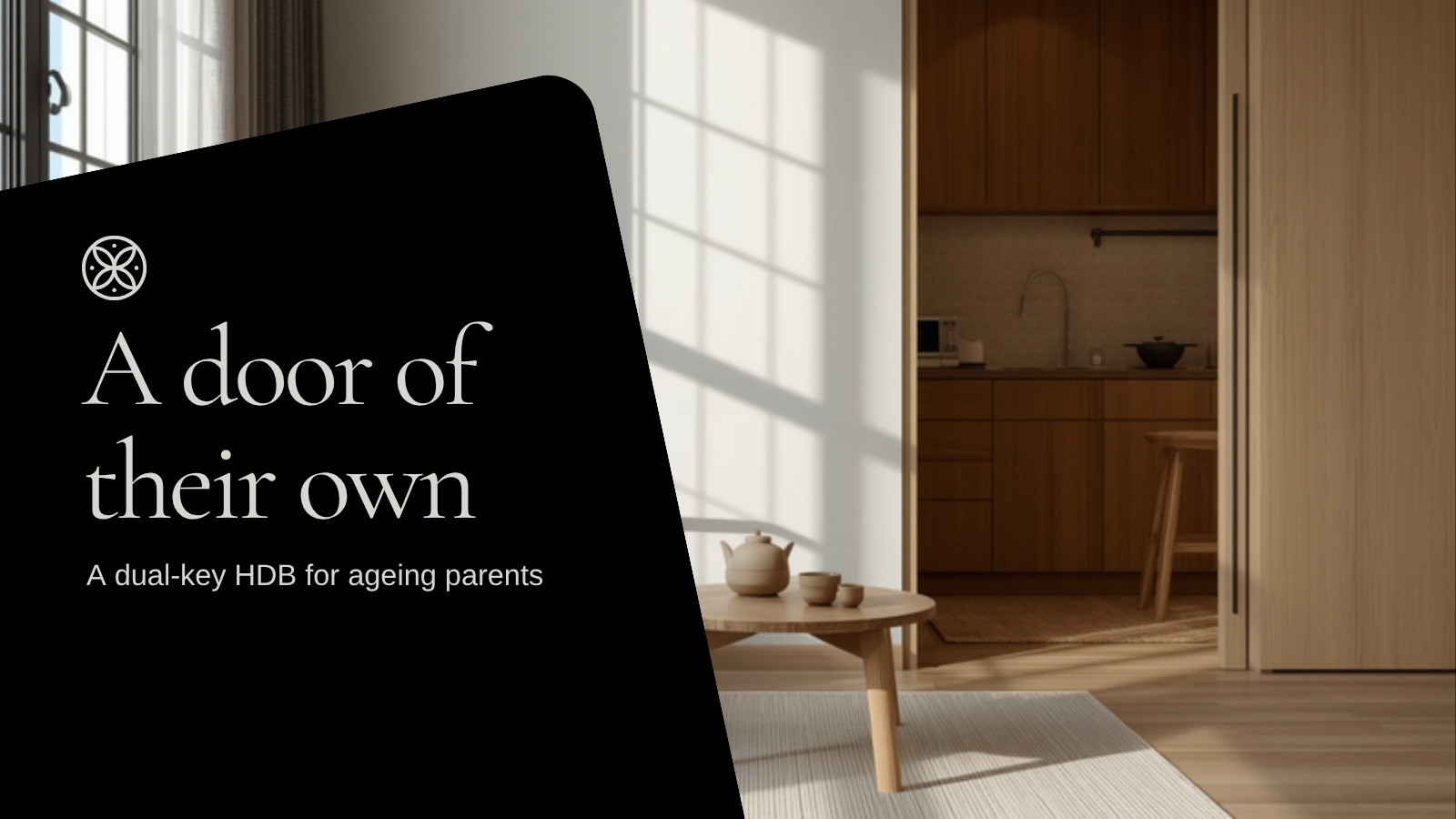 Oak armchair and teapot by a window in an HDB flat &mdash; a dual-key HDB for parents