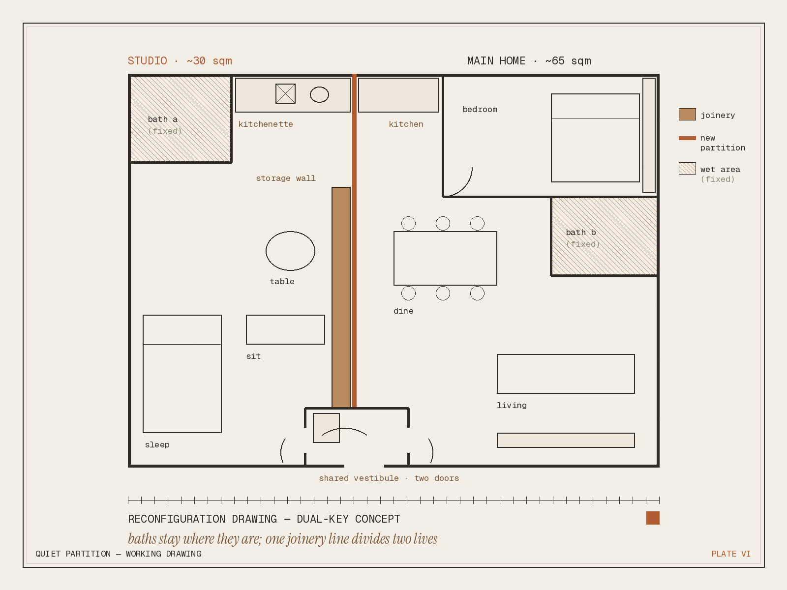 Dual-key HDB reconfiguration drawing &mdash; studio and main home divided by one joinery storage wall, baths unchanged
