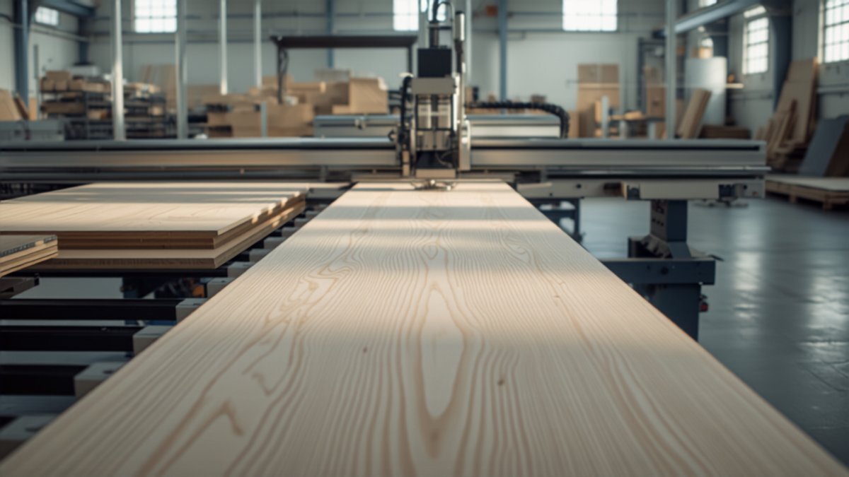 A CNC machine sealing board edges on an automated factory line