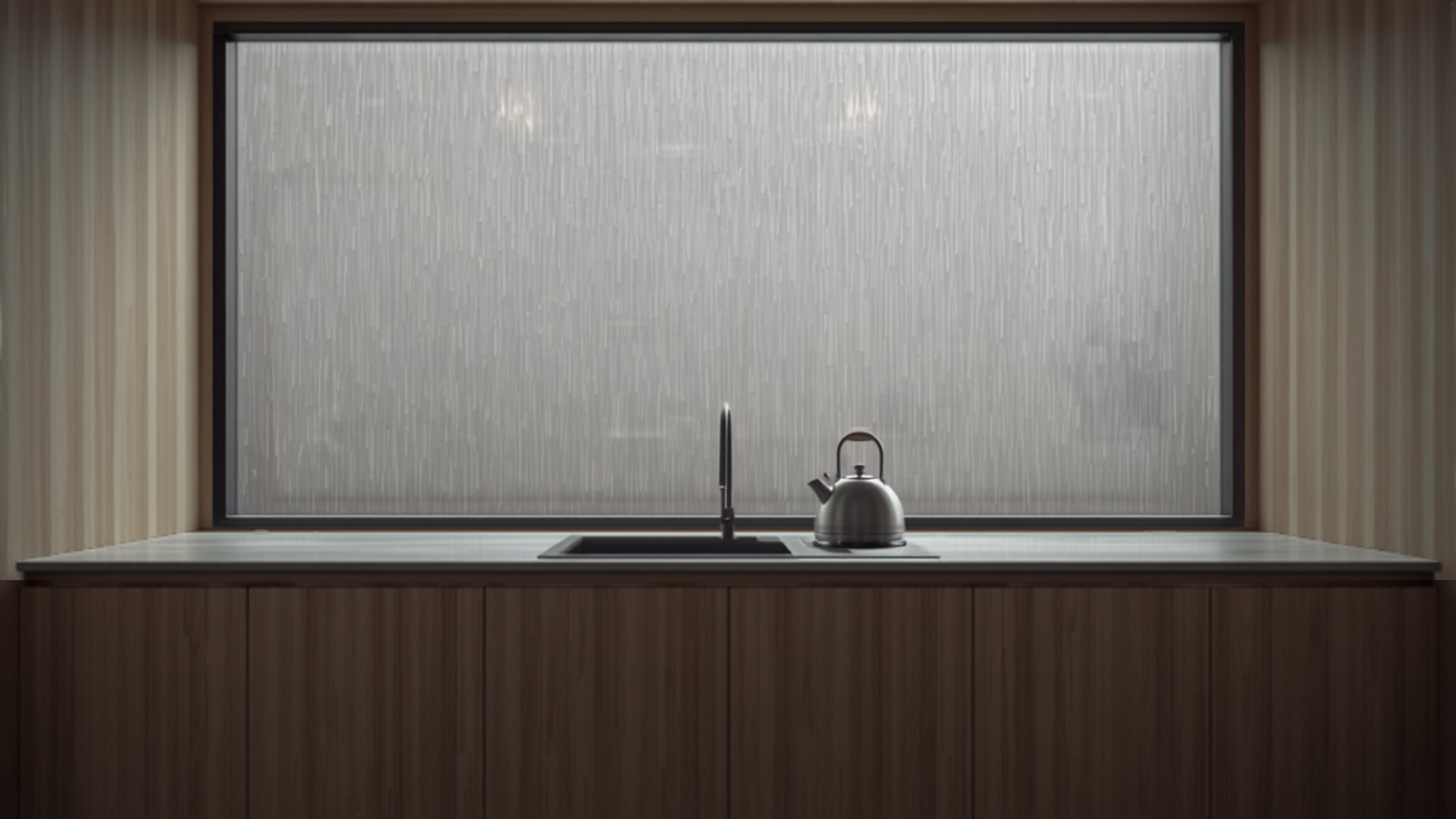 A calm Japandi kitchen in Singapore during heavy tropical rain, cabinetry dry and composed