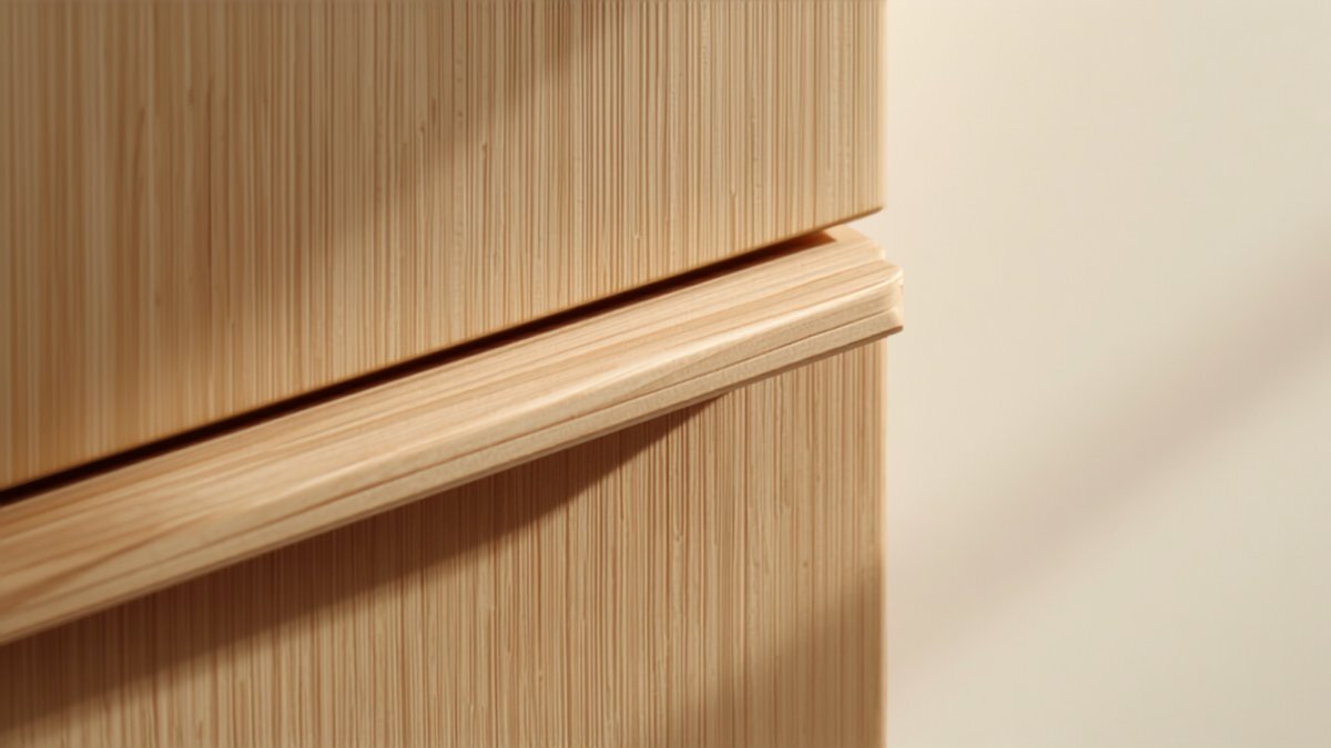 A light oak handleless cabinet edge with fine wood grain