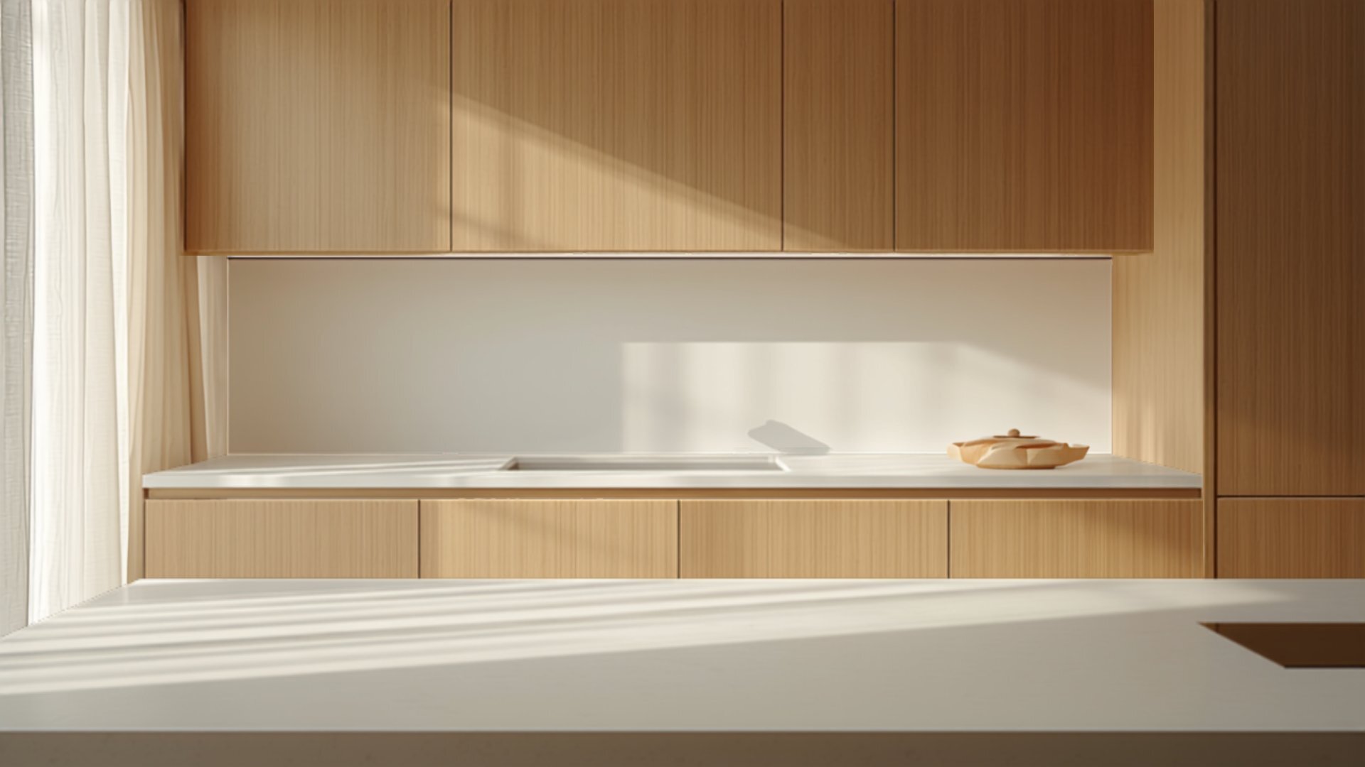 A Japandi kitchen in a Singapore condo with handleless light oak cabinets