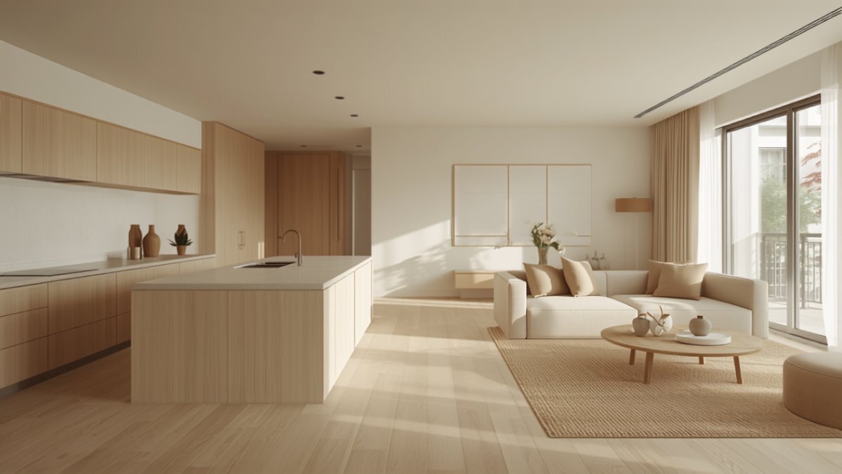 A wide view of an open-plan Singapore condo kitchen-living space in Japandi style