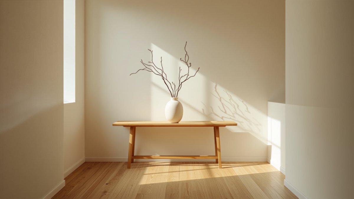 A Japandi hallway with light wood flooring and a dried-branch arrangement