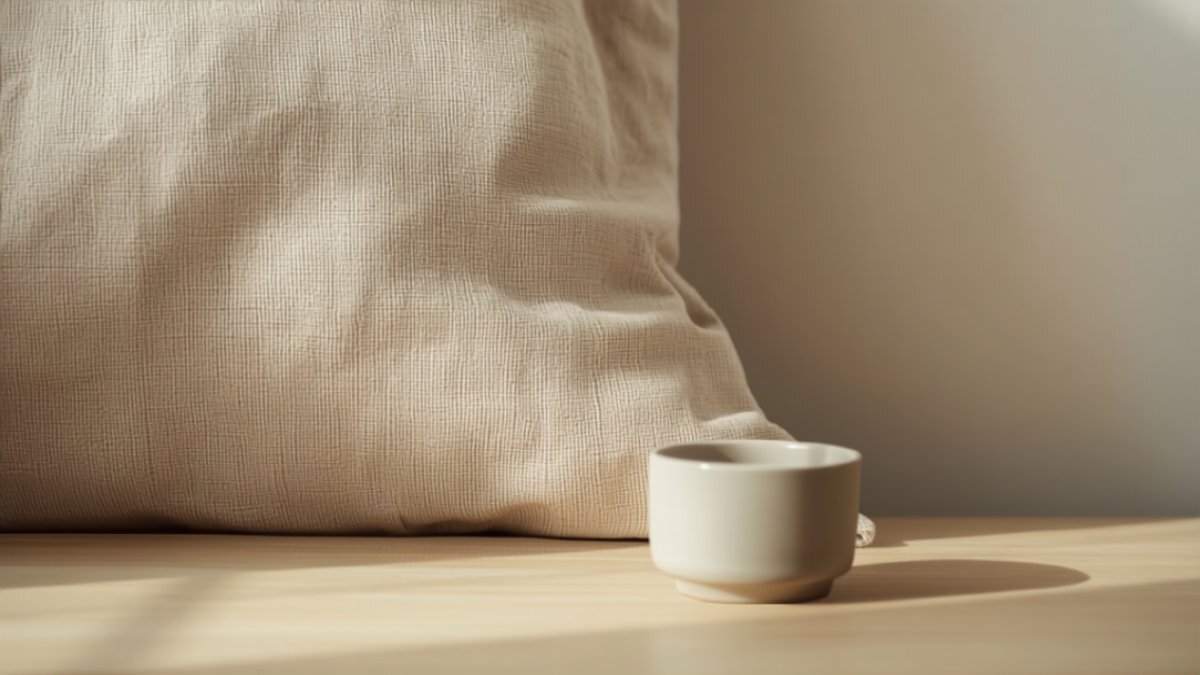 A linen cushion on a pale oak bench with a ceramic tea cup