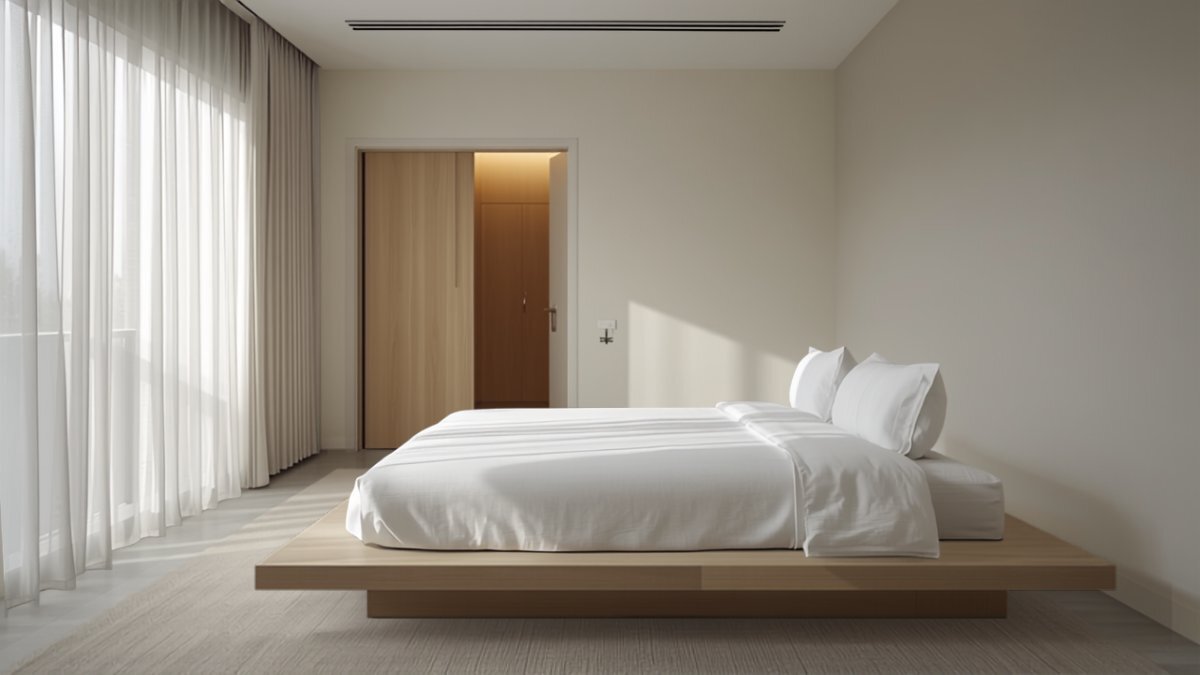 The HDB master bedroom with platform bed and walk-in wardrobe entrance