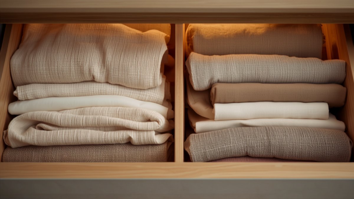 An open wardrobe drawer with neatly folded clothing and oak dividers