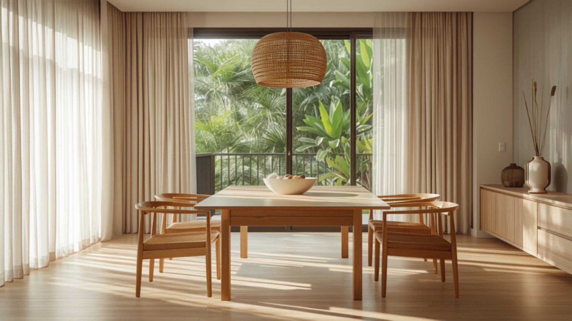 A Japandi living-dining room in a KL condominium with tropical greenery outside