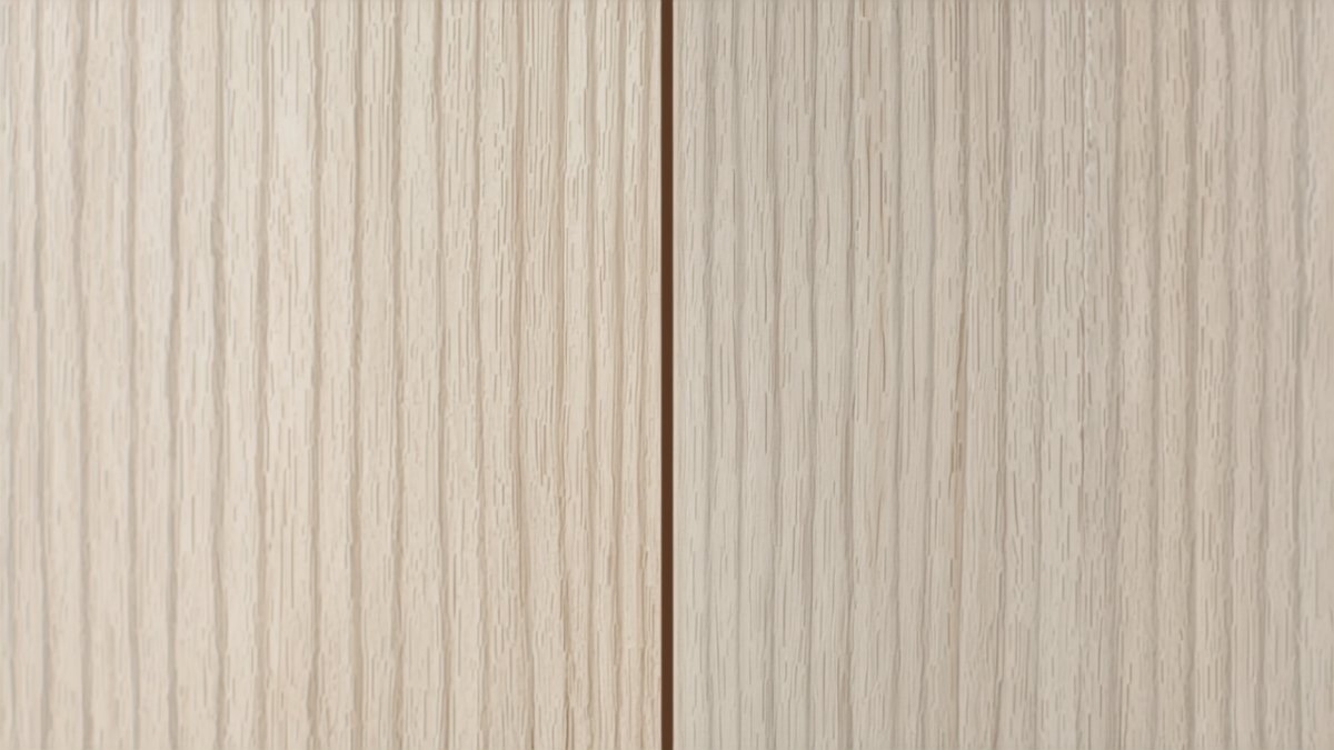 Ash wood cabinet door grain meeting a shadow-gap handle profile