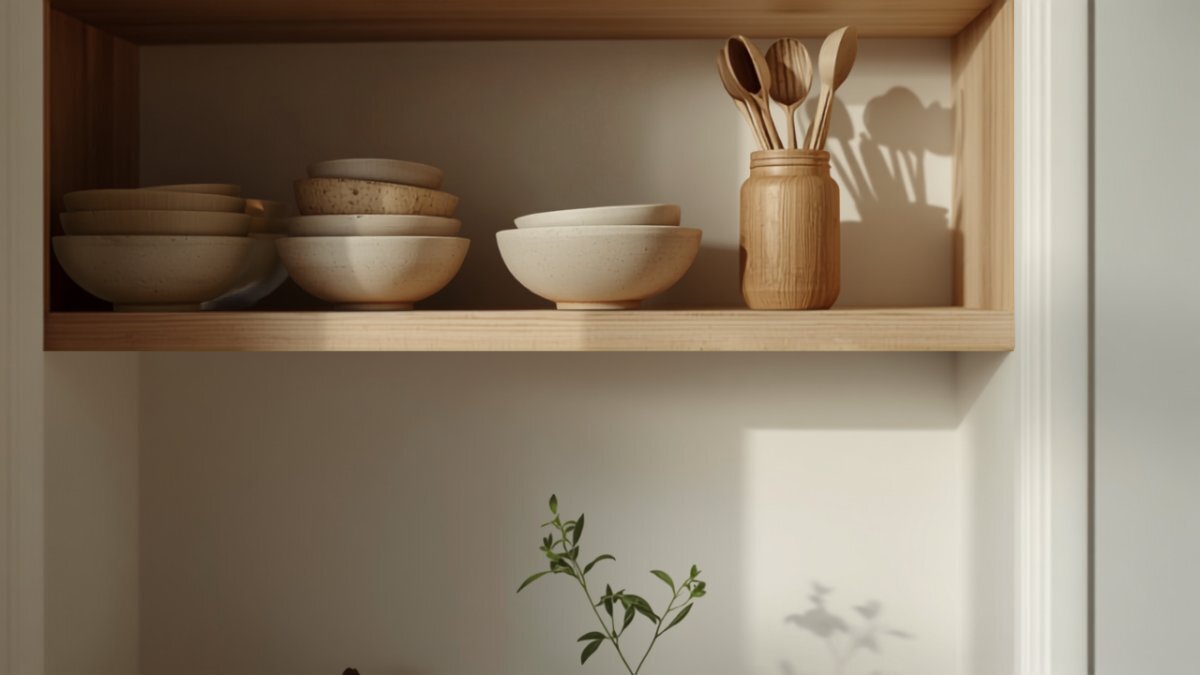 Open oak shelving with stoneware bowls and a wooden spoon jar