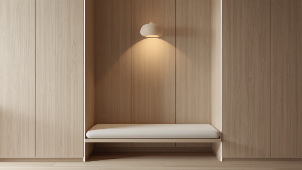 An HDB entryway with a slim floor-to-ceiling Japandi storage wall and bench
