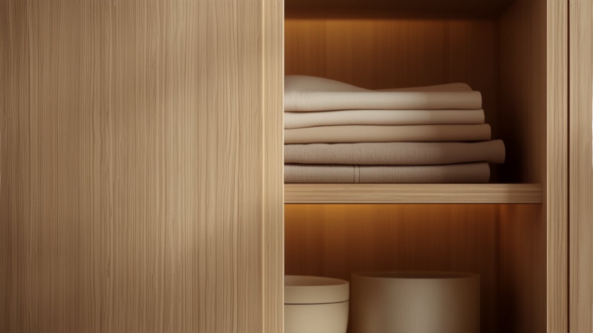 A push-to-open cabinet door slightly ajar revealing organised shelving