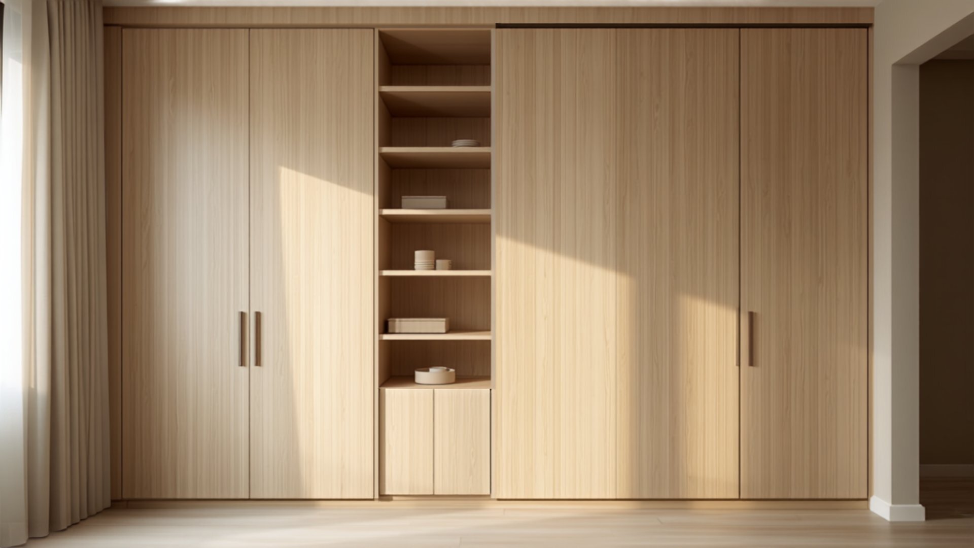 A full-height concealed storage wall in light oak in an HDB living room