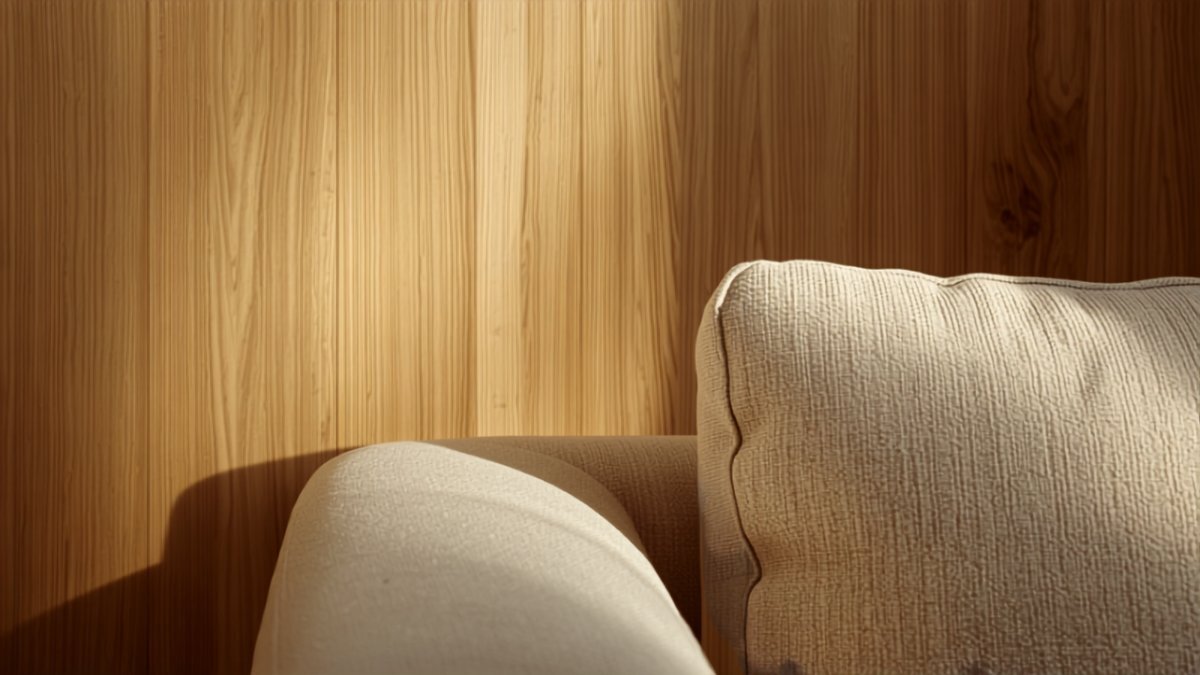 The junction of a light oak feature wall and a linen sofa armrest