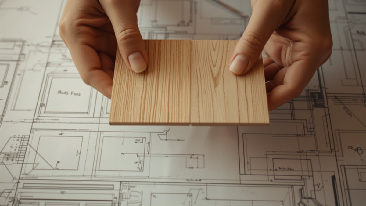 Hands comparing two light wood laminate swatches over a technical drawing