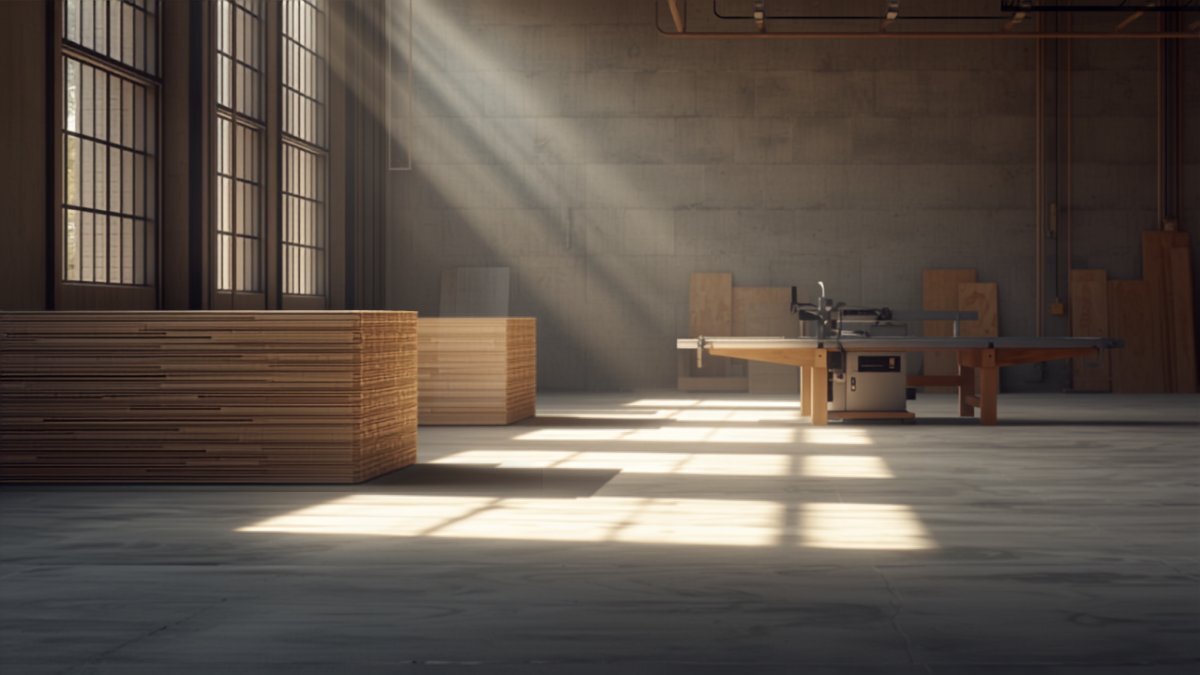 An organised carpentry factory floor with panel saw and stacked plywood