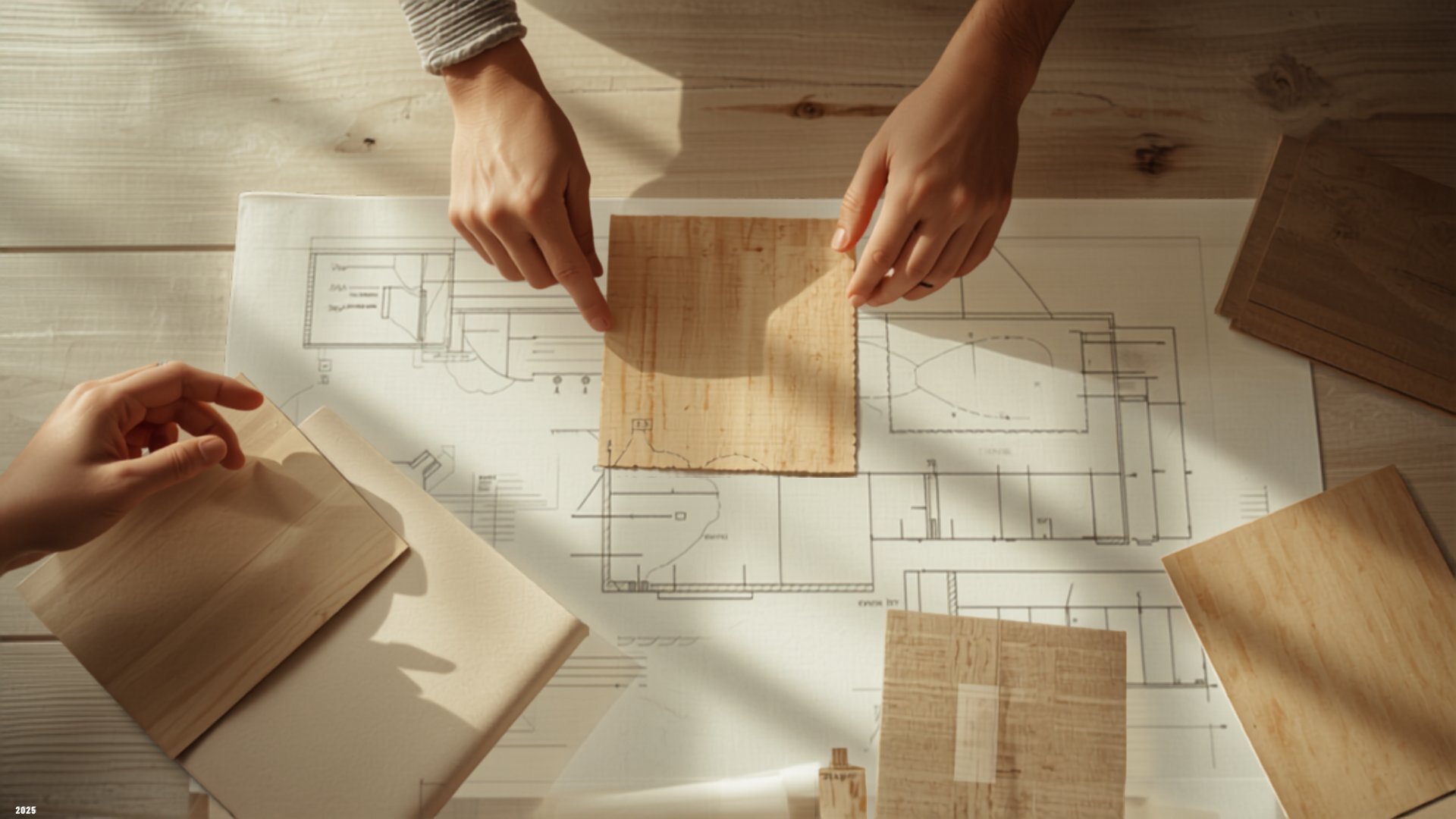 Reviewing cabinet plans and samples together at a carpentry workshop table