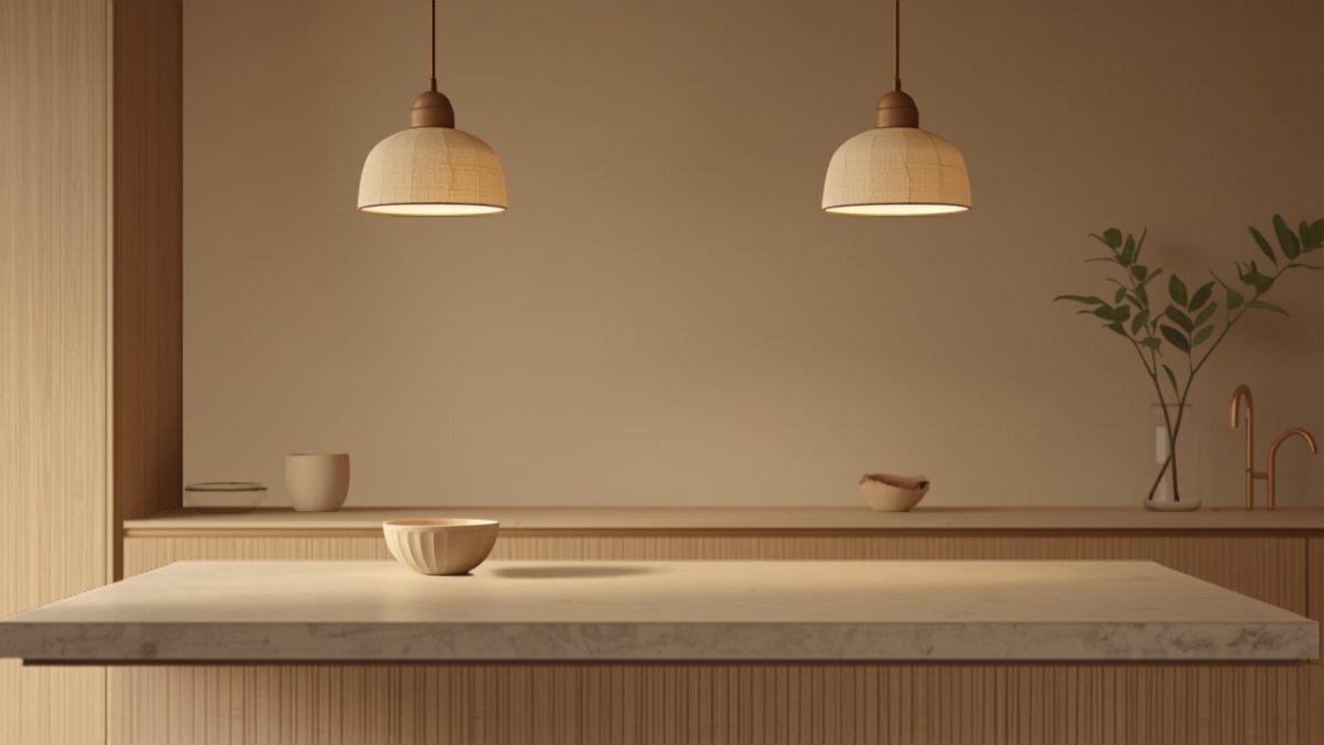 A Malaysian Japandi kitchen island with washi paper pendants