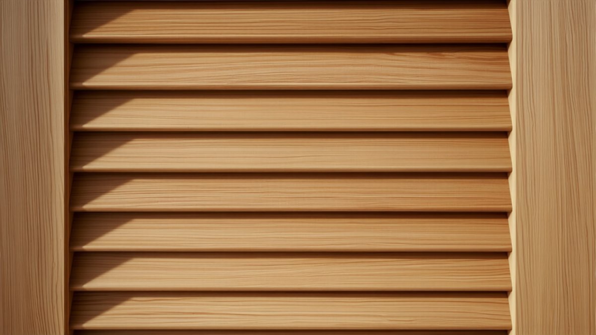 An oak pantry door louvre detail in soft directional light