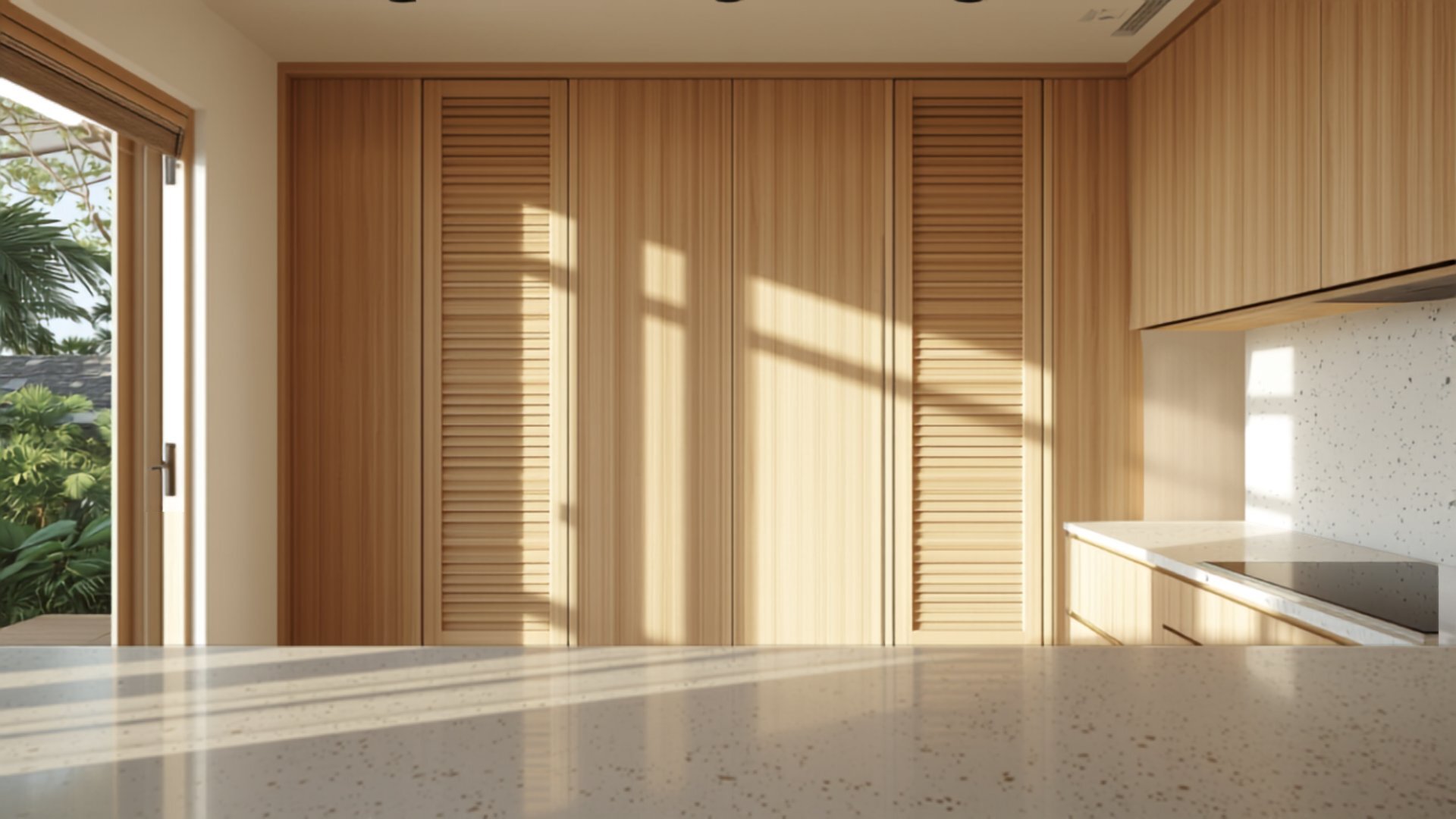 A Japandi kitchen in a Malaysian landed home with louvred pantry doors