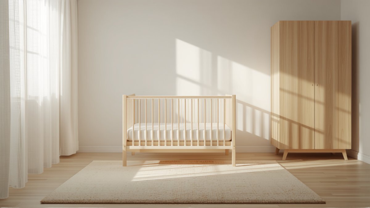 A Japandi nursery corner with light wood wardrobe and crib