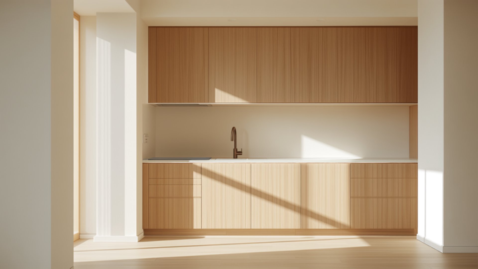 A custom-fitted Japandi kitchen hugging an awkward HDB corner perfectly