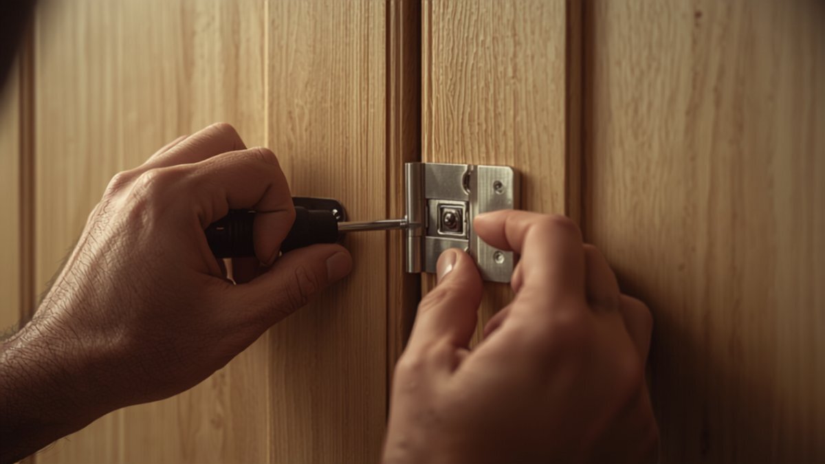 A carpenter's hands adjusting a soft-close hinge on a light oak door