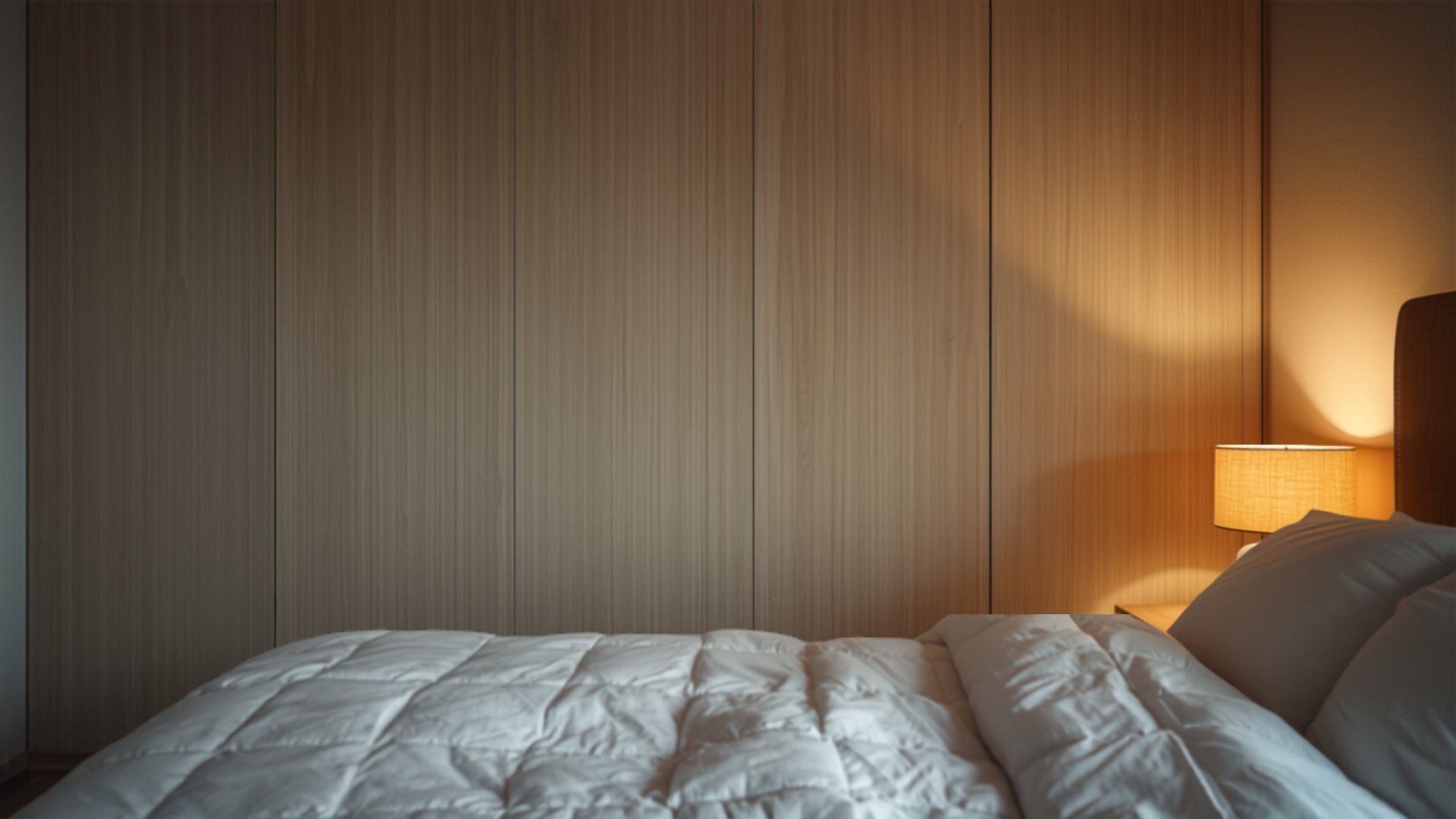 A Japandi wardrobe wall in matte pale ash at dusk with warm lamp glow