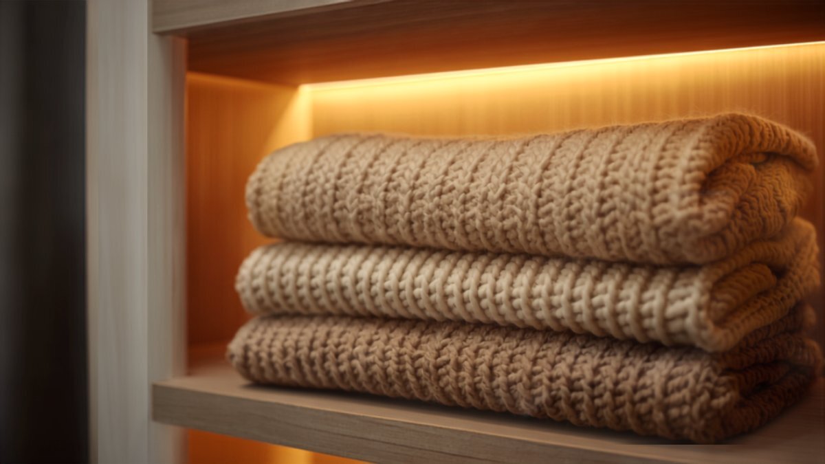 Wardrobe interior at night &mdash; warm strip lighting over folded knitwear