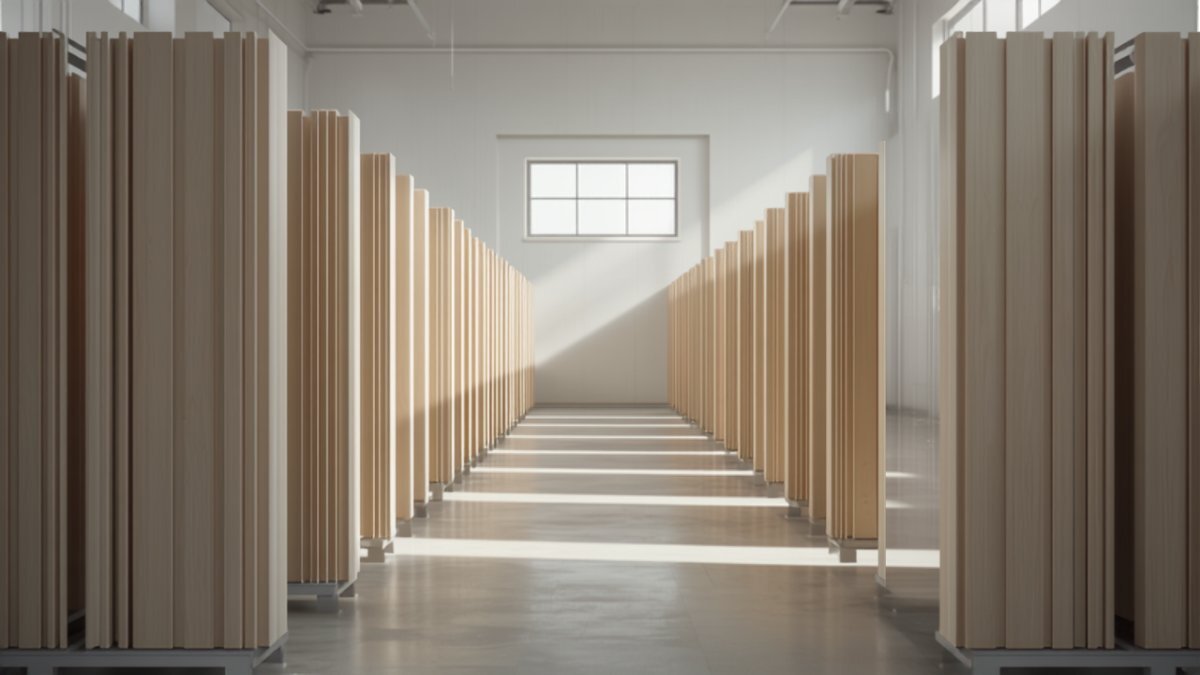 Finished Japandi cabinet doors stacked for quality check