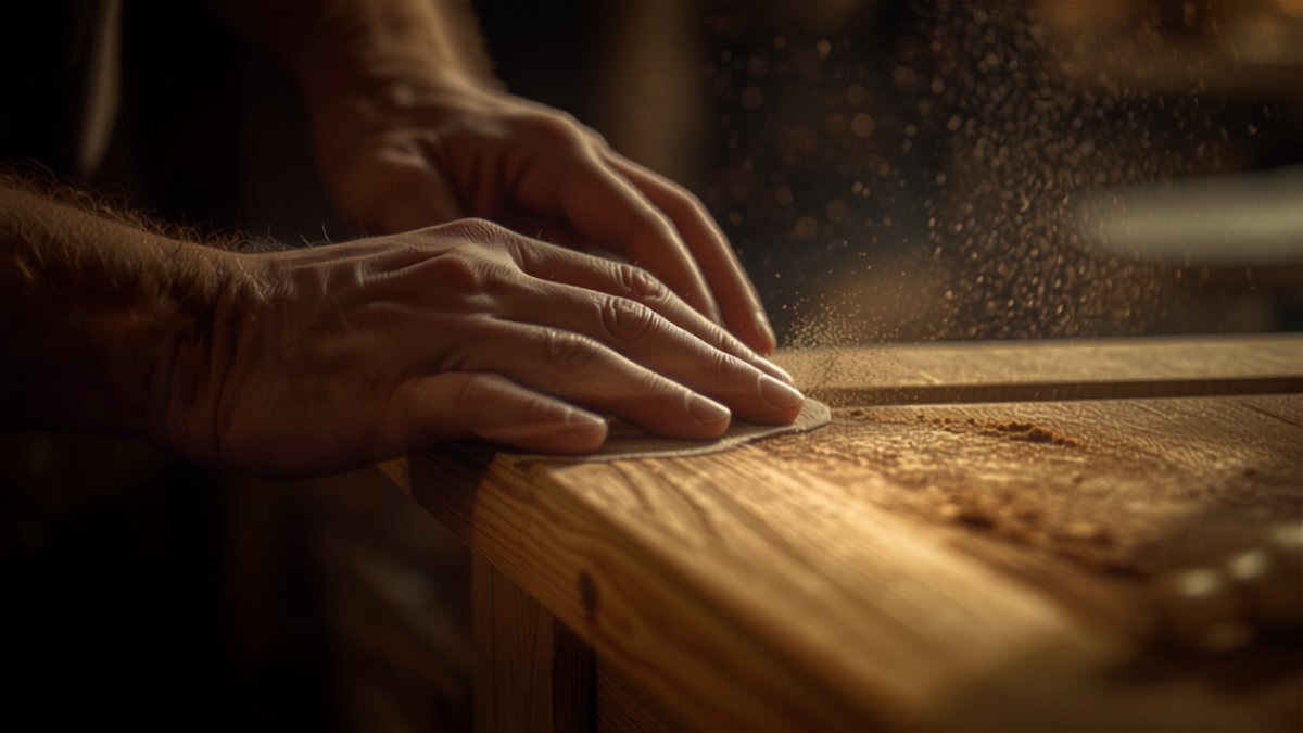 A craftsman's hands sanding a light oak cabinet door edge