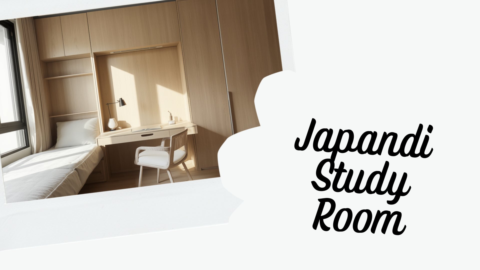 A Japandi study room with a wall bed folded up into light oak cabinetry