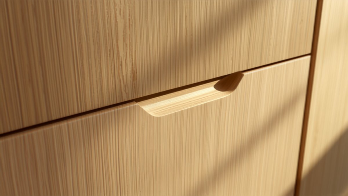 The wall-bed cabinetry seam and recessed pull in pale wood