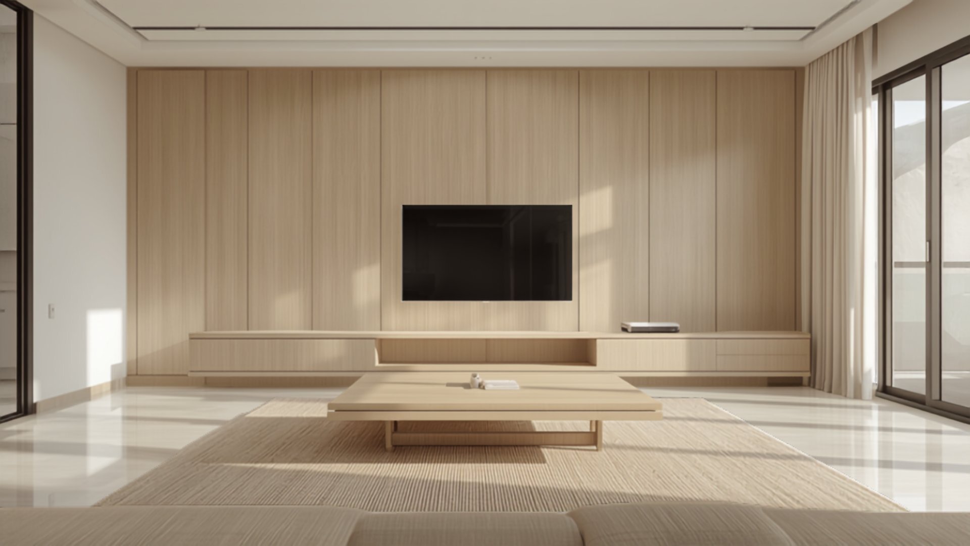 A 4-room BTO living room renovated in Japandi style with a light wood console wall