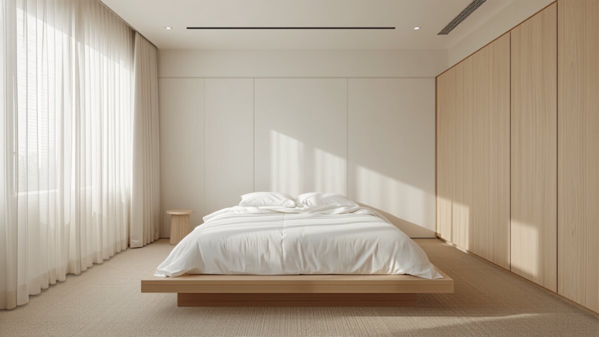 The BTO master bedroom with platform bed and full-height pale wardrobes