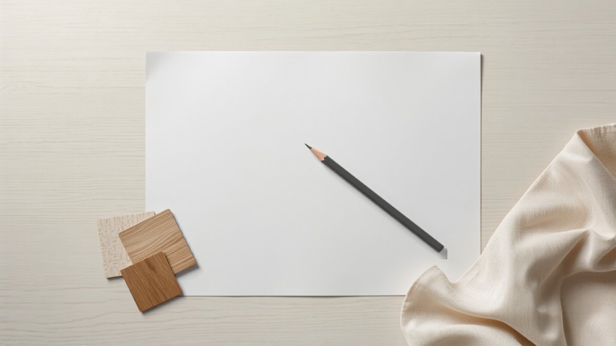 A floor plan drawing beside wood and fabric samples