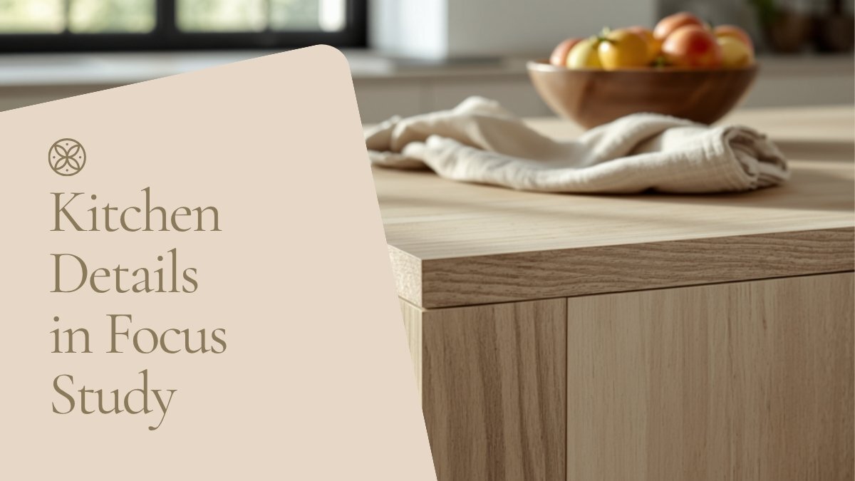 A timber island corner with a fruit bowl and folded linen towel