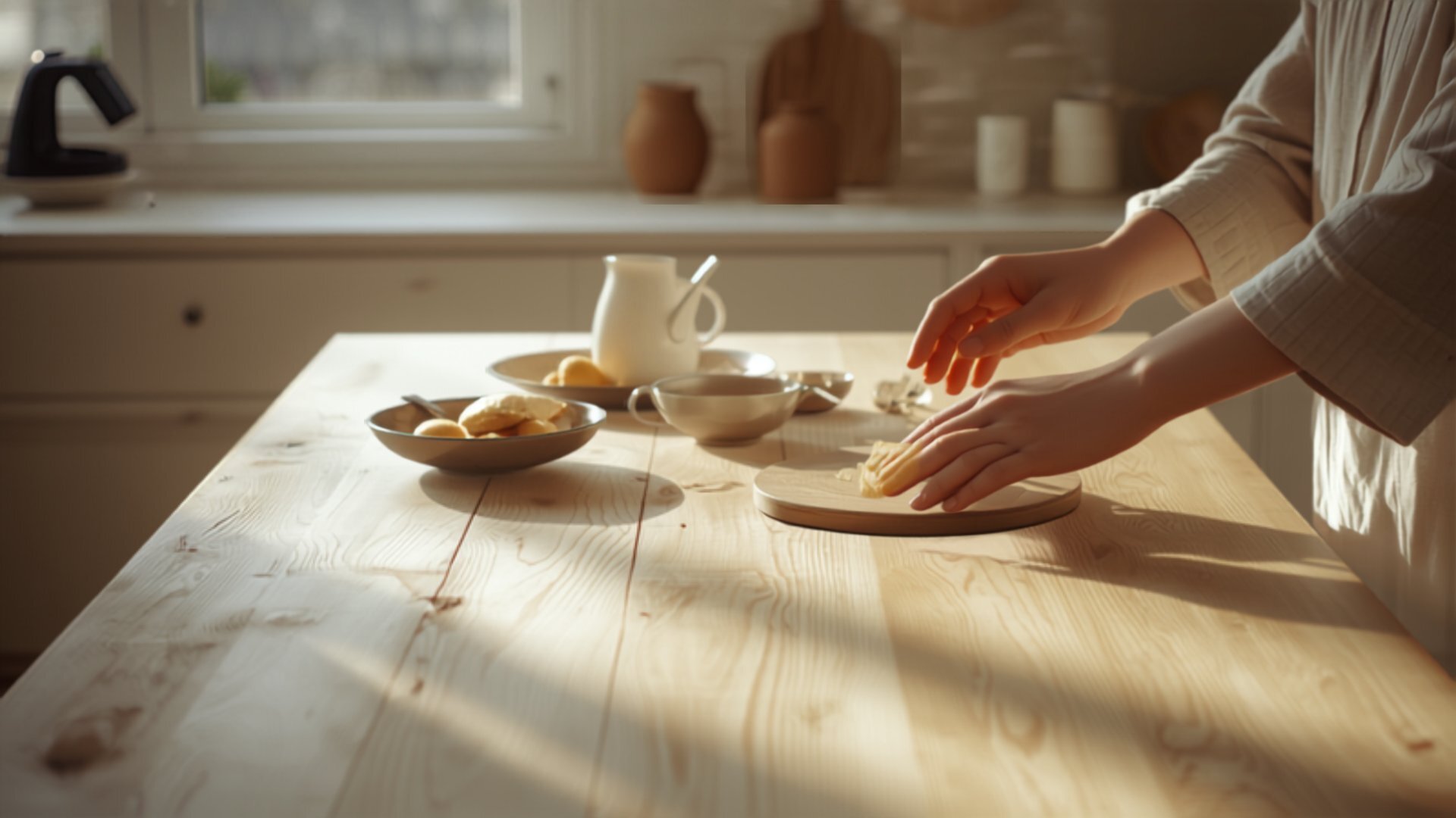A Japandi kitchen with a pale timber island at breakfast time
