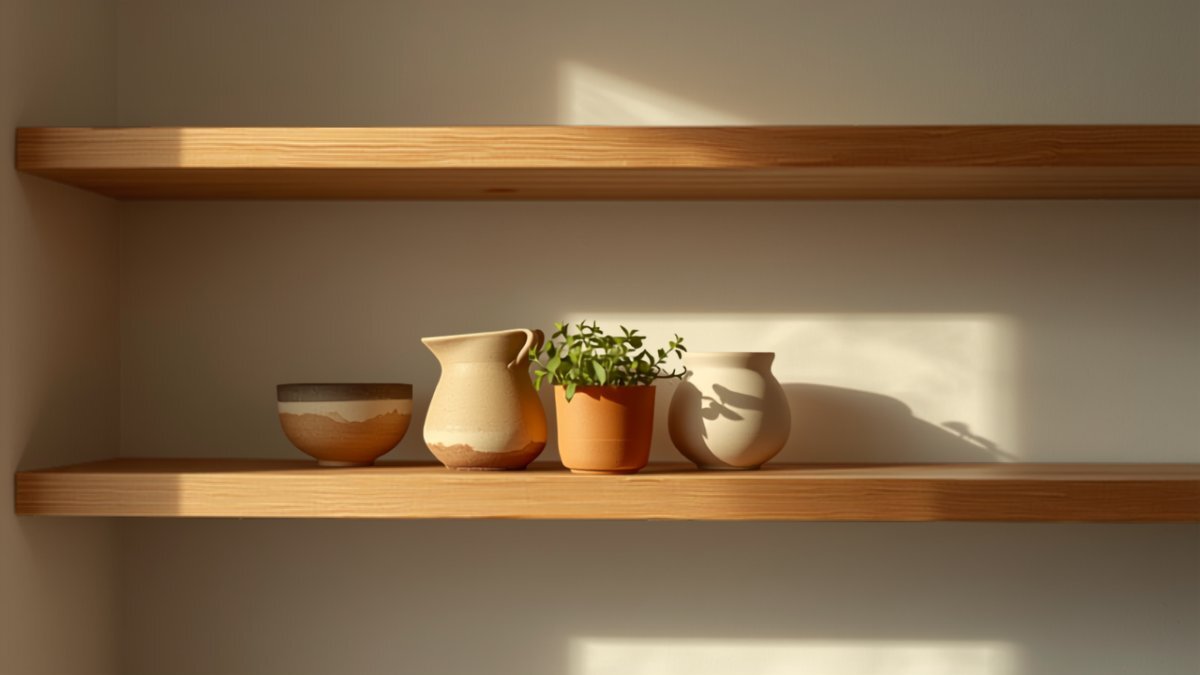 Kitchen shelving with handmade ceramics and a potted herb