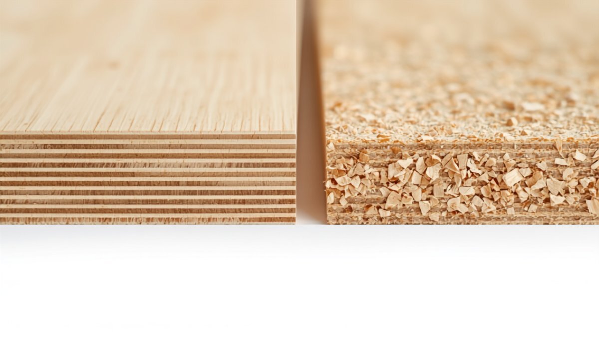 Macro comparison &mdash; plywood edge beside particleboard edge