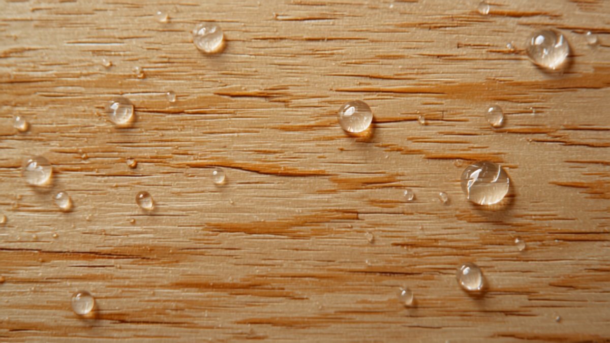 Water droplets beading on a sealed light oak surface