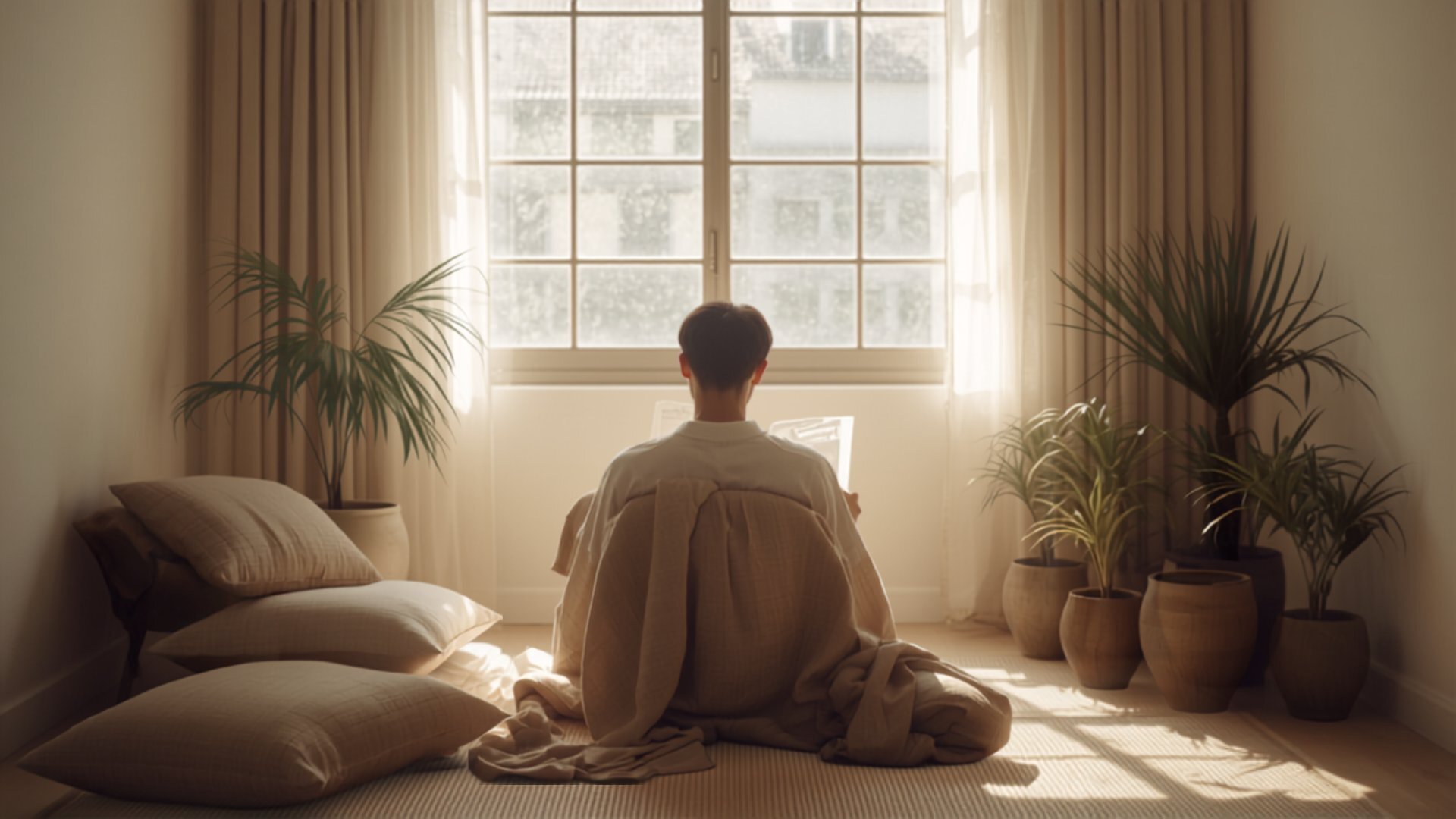 A tranquil Japandi living space with a reading nook by the window