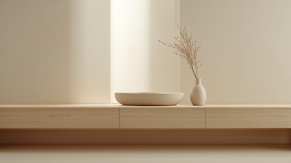 A calm Japandi bathroom vanity in light wood with a stone basin