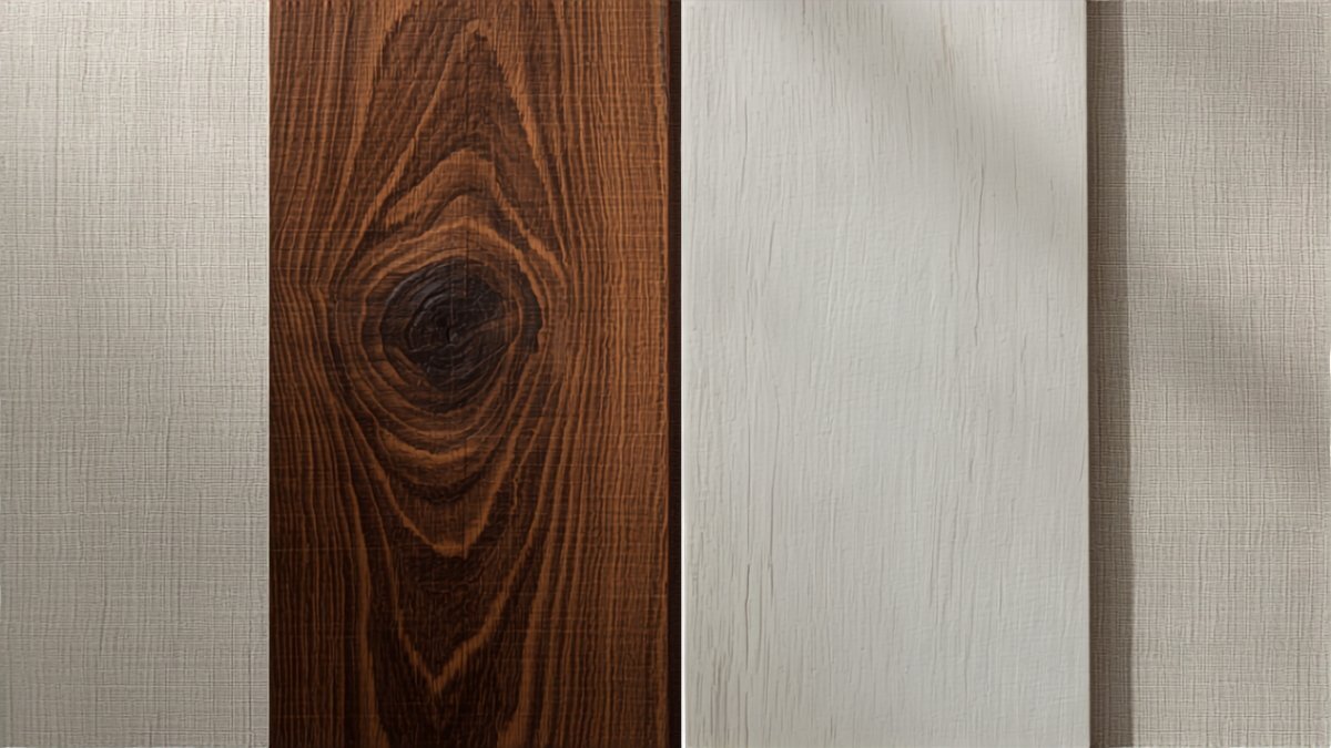 Dark stained oak beside whitewashed pine on linen
