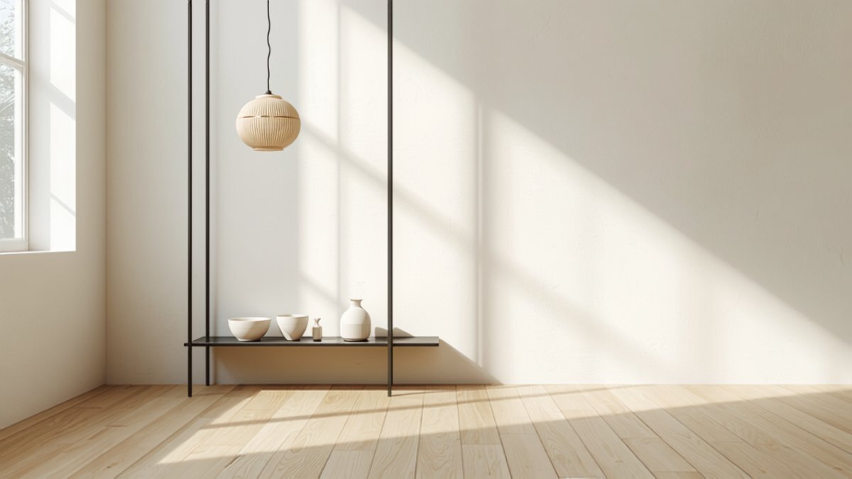 Japandi detail &mdash; black steel-framed shelf, paper lamp and pale wood floor