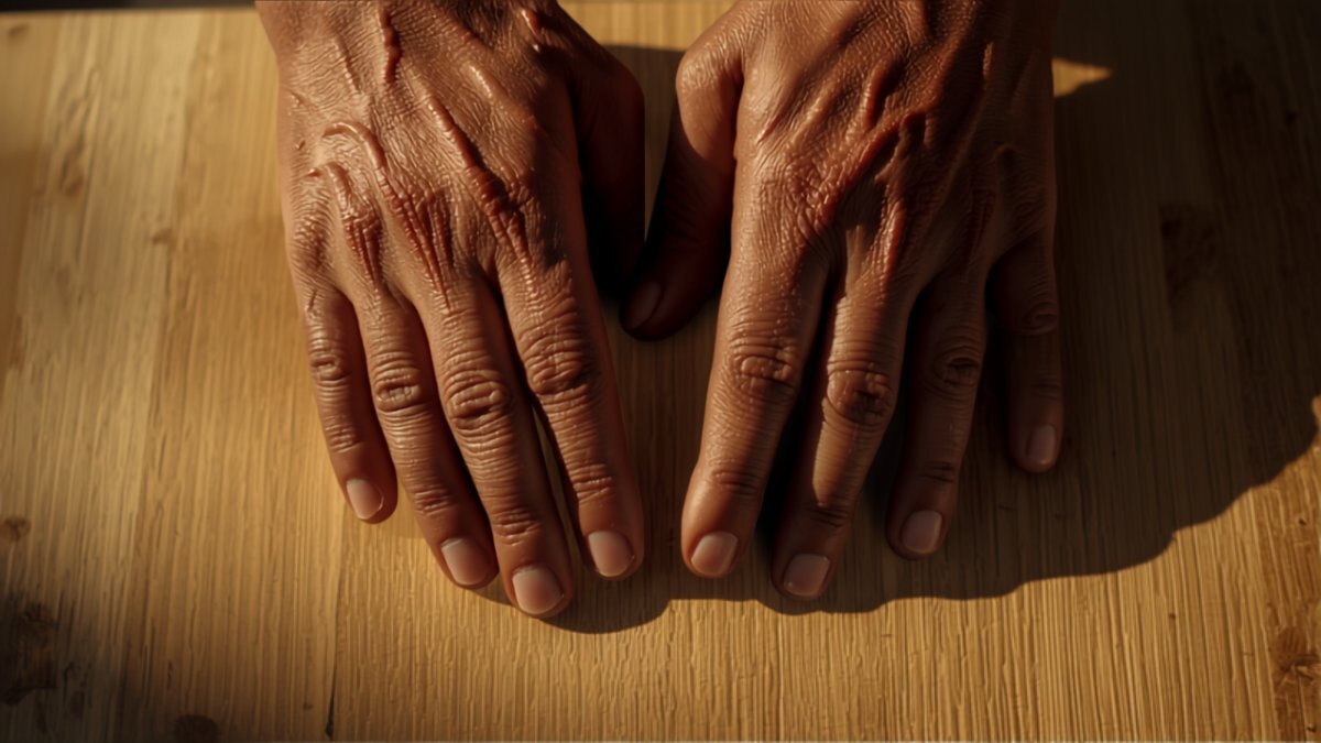 Weathered hands resting on a hand-planed light oak board