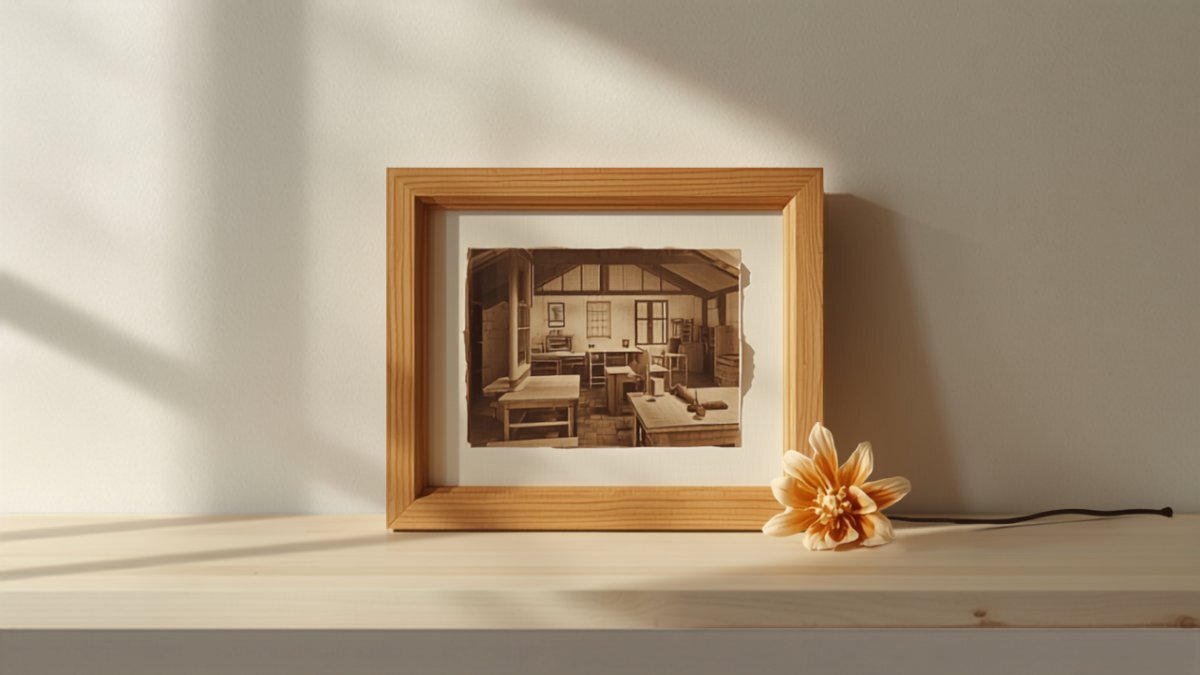 An old carpentry workshop photograph in a simple oak frame