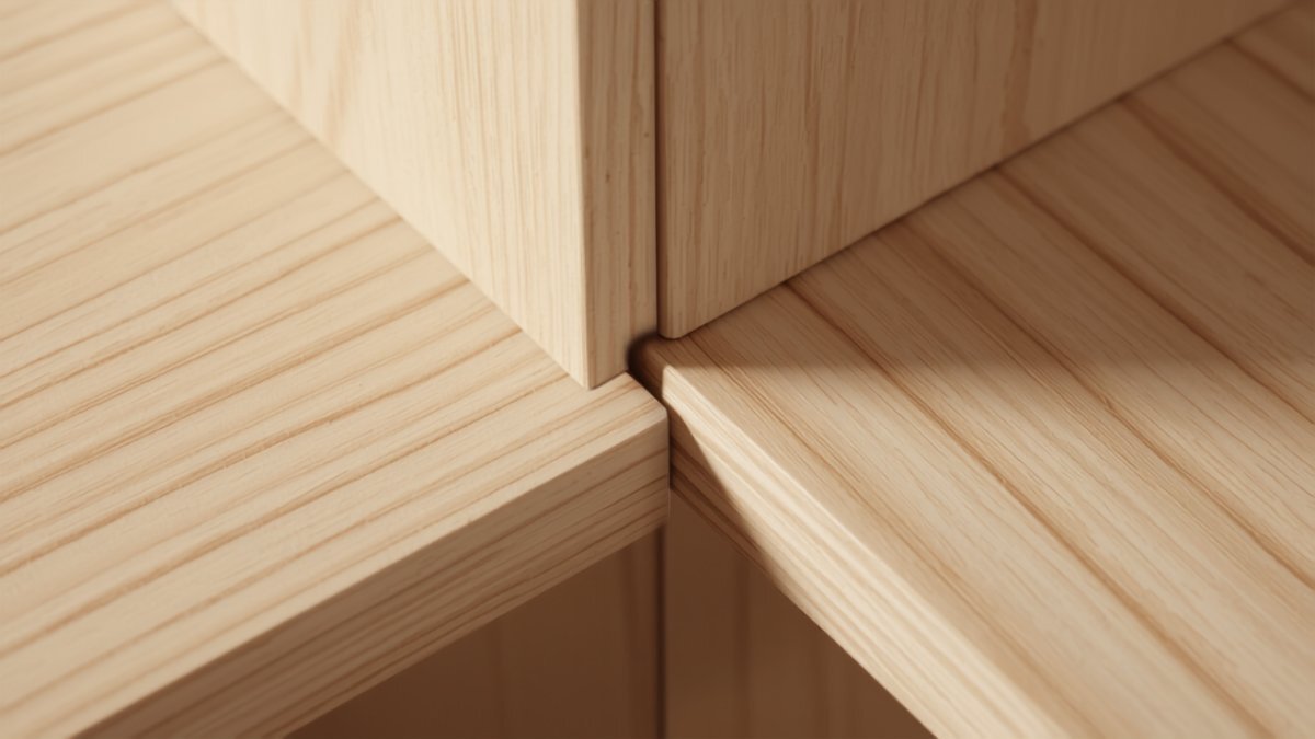Shuno cabinet connector joint and adjustable shelf pin in light wood