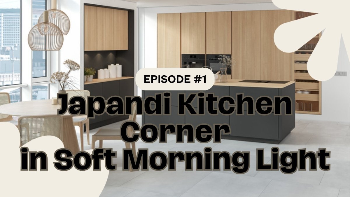 The finished Japandi kitchen corner in pale oak and off-white
