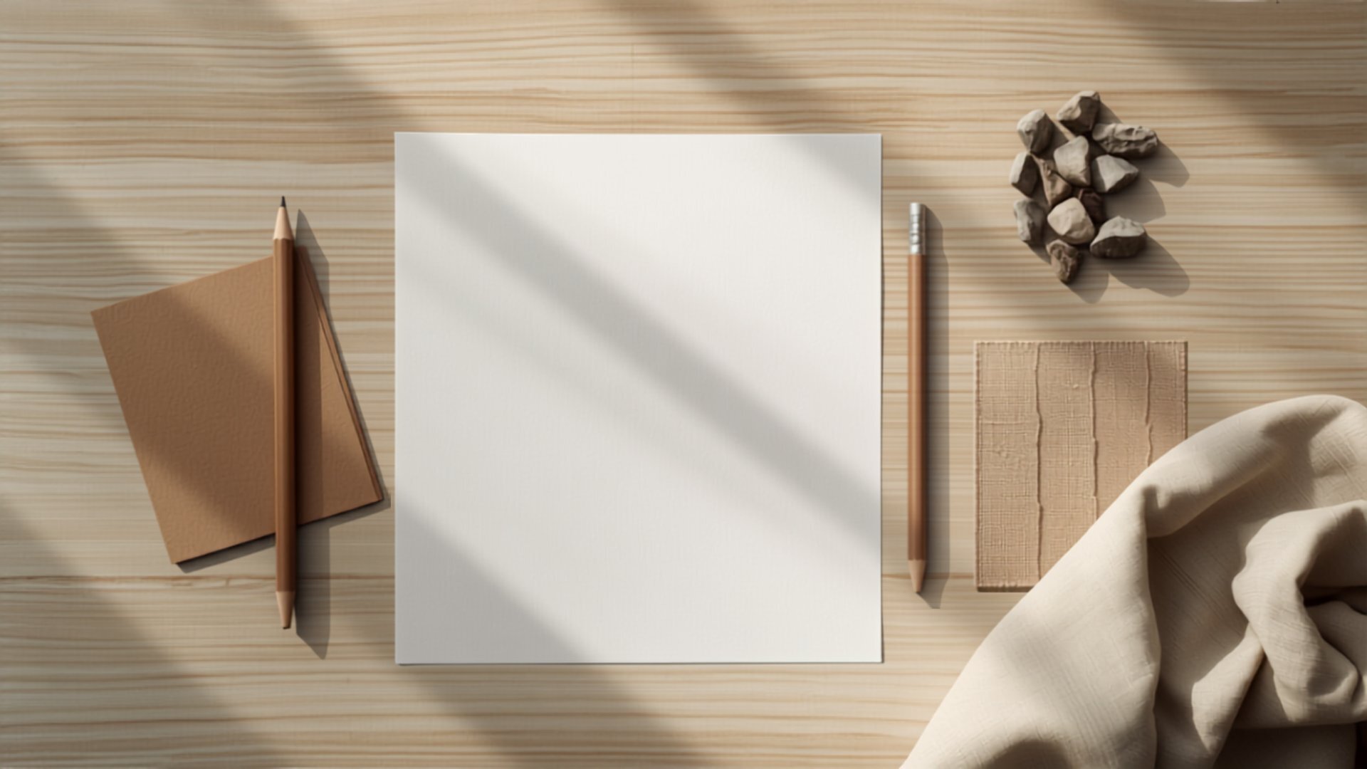 A design flat-lay for a Japandi kitchen &mdash; sketches, oak swatches and stone chips